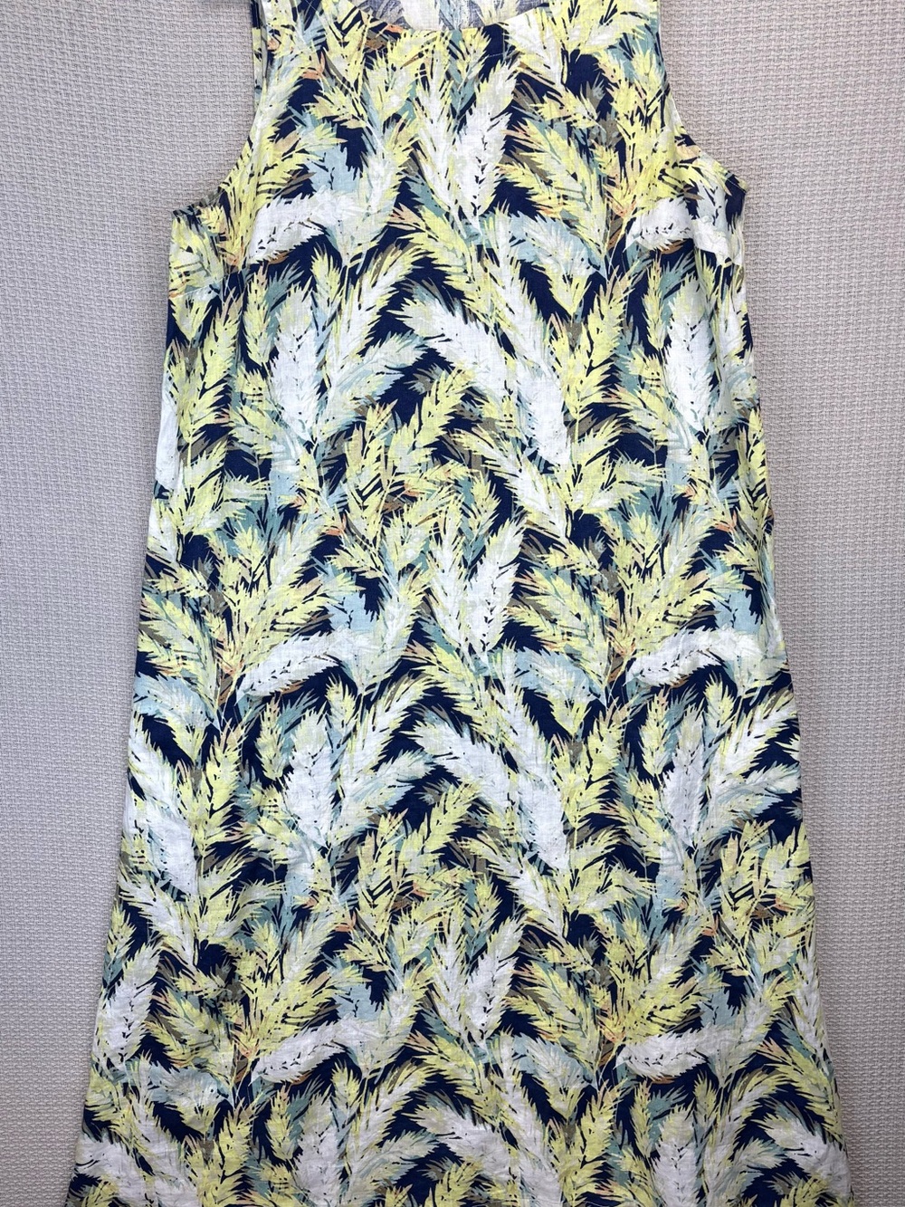 J Jill Love Linen Womens L Tall Palm Leaf Tropical Midi Sleeveless Dress Pockets